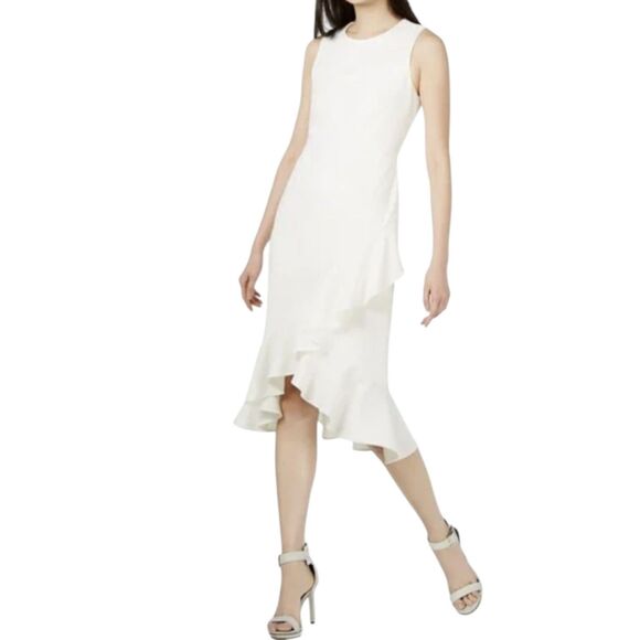 Calvin Klein White Sleeveless High Low Flounce Hem Bridal Party Sheath Dress 4 - Picture 1 of 16